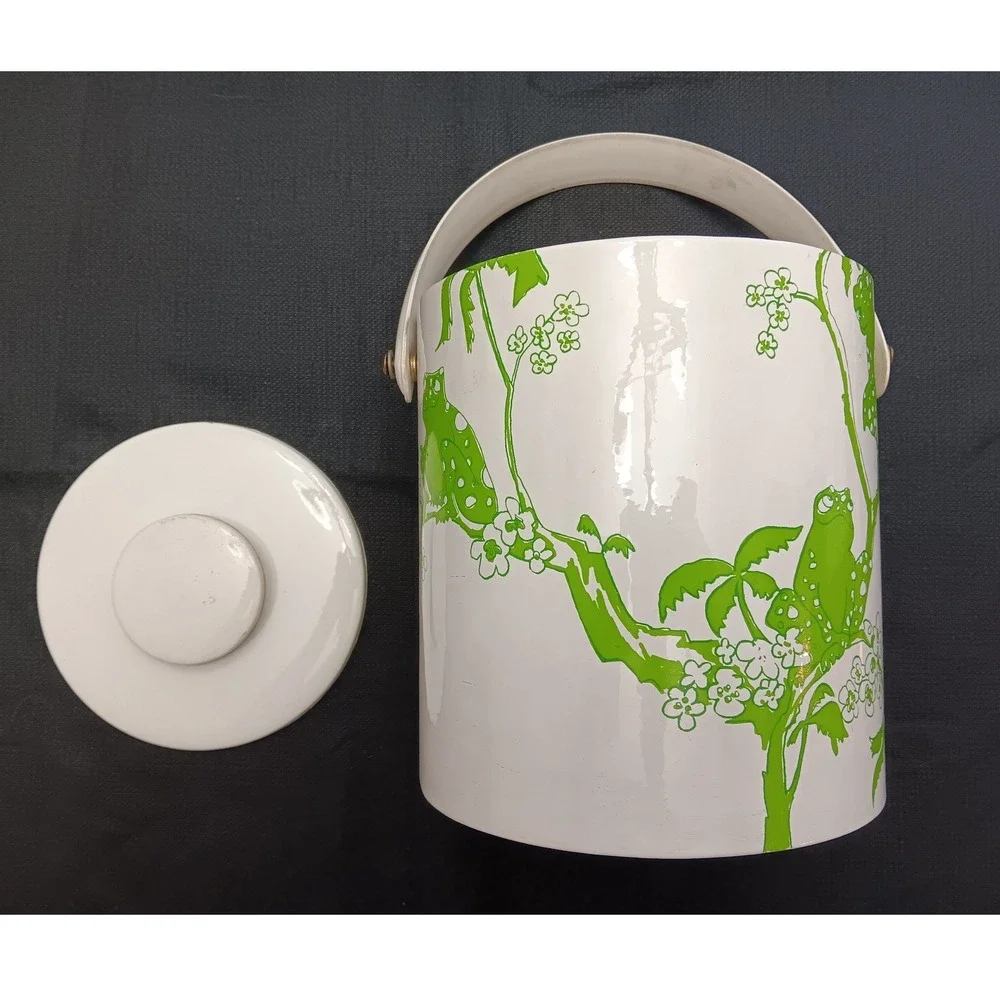 Vintage MCM‎ Stotter Style Green Frog Ice Bucket White Insulated Retro Barware